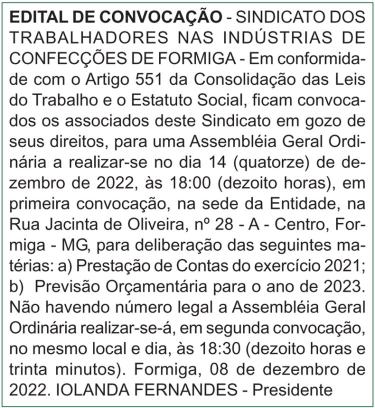 Edital de Convocação - Sind. dos Trabalhadores nas indústrias de confecções de Formiga