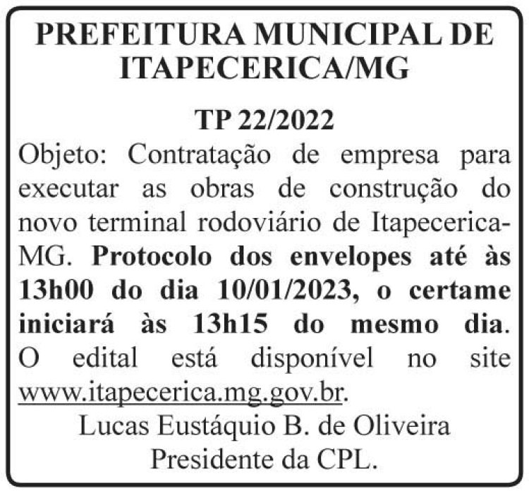 Edital Prefeitura de Itapecerica/MG
