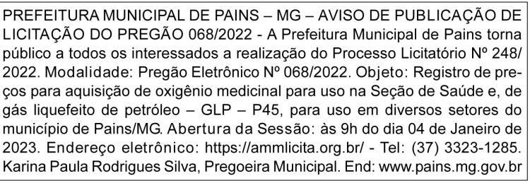Edital Prefeitura Municipal de Pains/MG