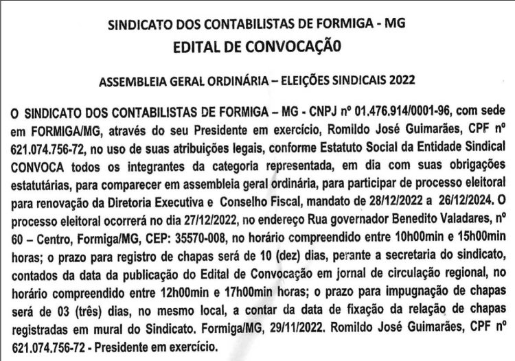 Edital de Convocação - Sindicato dos Contabilistas de Formiga/MG
