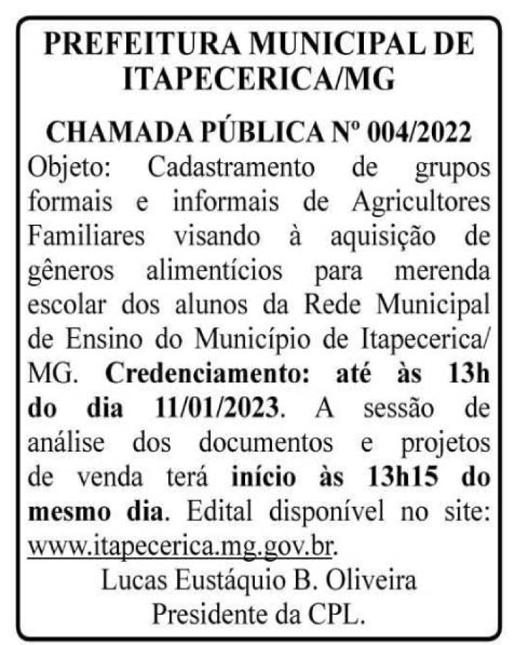 Edital Prefeitura Municipal de Itapecerica/MG