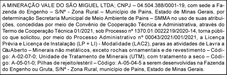 Edital Mineração Vale Do São Miguel