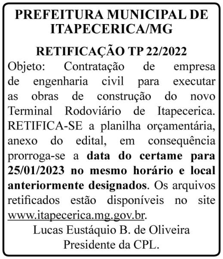 Edital Prefeitura Municipal de Itapecerica/MG