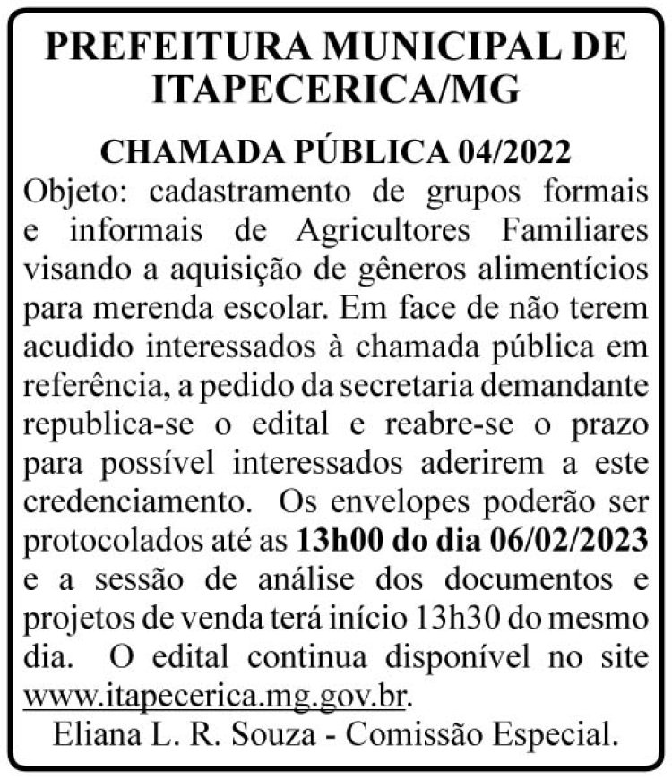 Edital Prefeitura Municipal de Itapecerica/MG