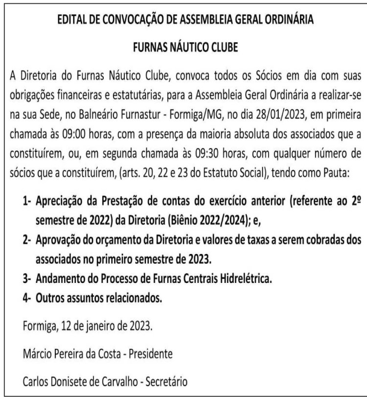 Edital Furnas Náutico Clube