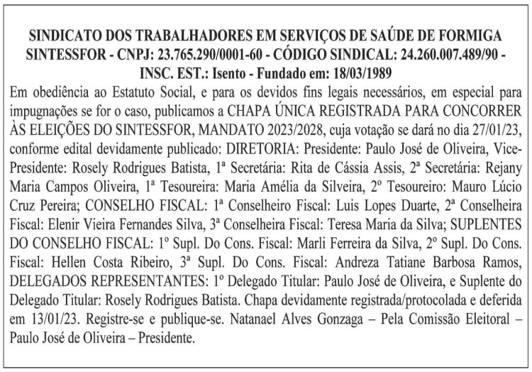 Edital dos Trabalhadores em Serviços de Saúde de Formiga Sintessfor