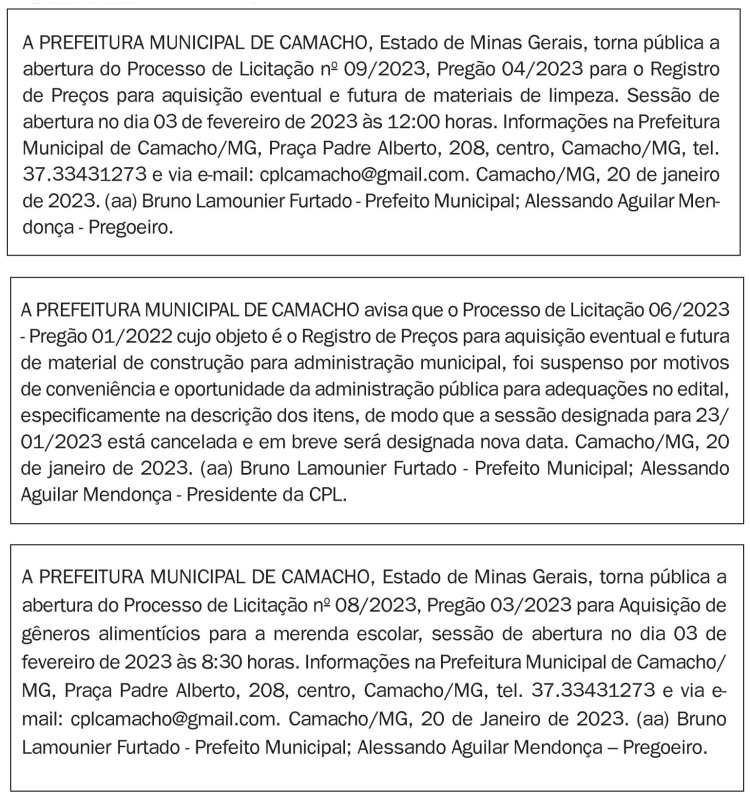 Edital Prefeitura Municipal de Camacho/MG