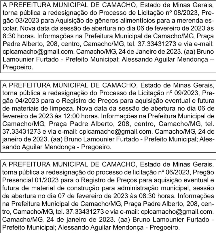 Edital Prefeitura Municipal de Camacho/MG