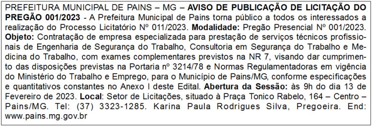 Edital Prefeitura Municipal de Pains/MG
