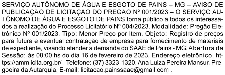 Edital Serviço Autônomo de Água e Esgoto de Pains/MG