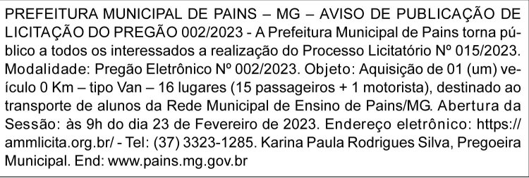 Edital Prefeitura Municipal de Pains/MG
