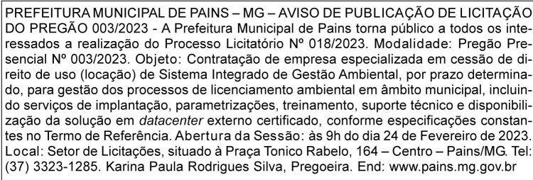 Edital Prefeitura Municipal de Pains/MG