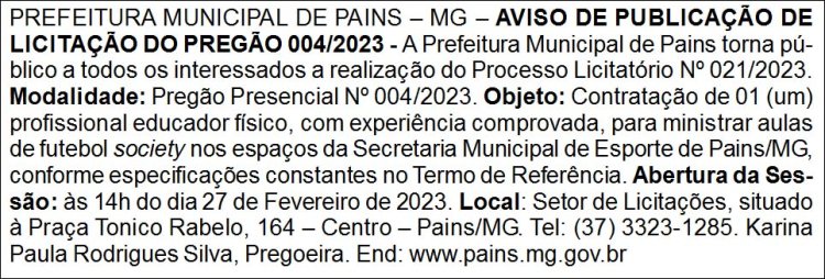 Edital Prefeitura Municipal de Pains/MG