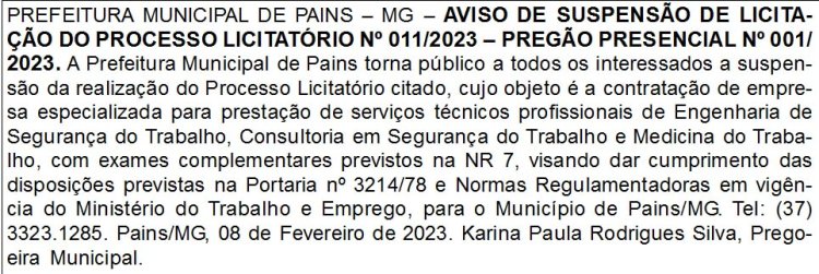 Edital Prefeitura Municipal de Pains/MG