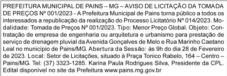 Edital Prefeitura Municipal de Pains/MG