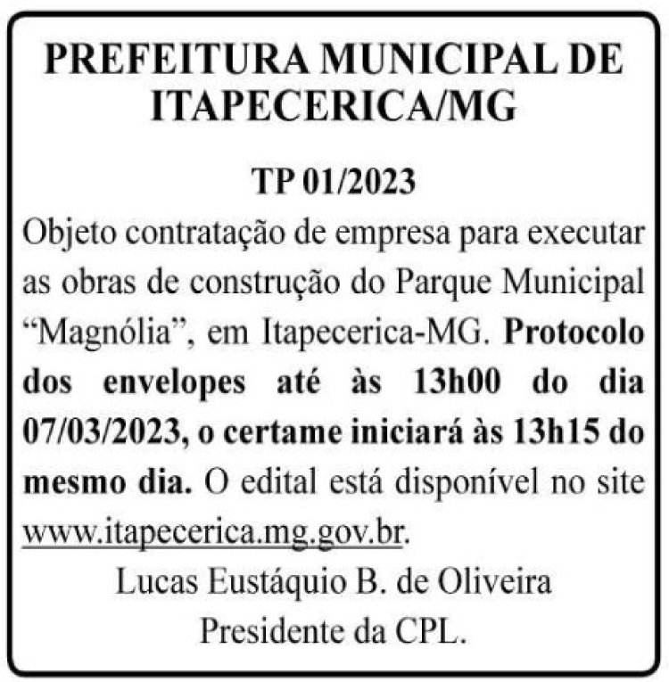 Edital Prefeitura Municipal de Itapecerica/MG