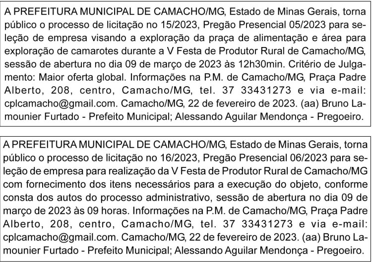 Editais Prefeitura Municipal de Camacho/MG