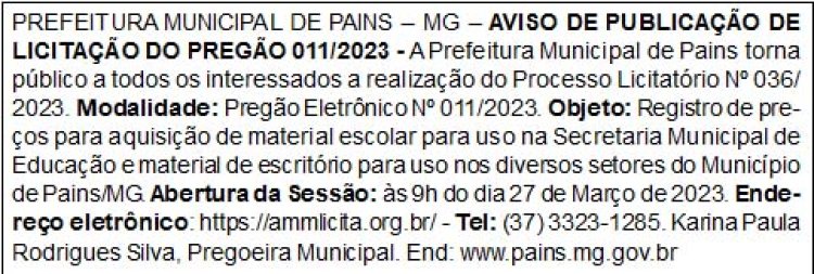 Edital Prefeitura Municipal de Pains/MG