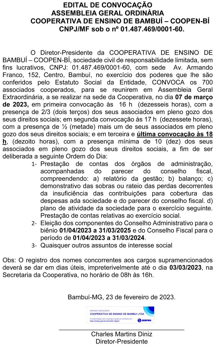 Edital de Convocação Assembleia Geral Ordinária Cooperativa de Ensino de Bambuí/MG
