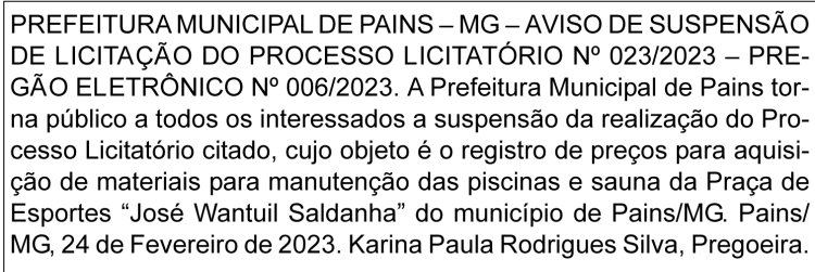 Edital Prefeitura Municipal de Pains/MG