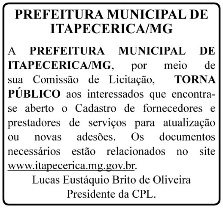 Edital Prefeitura Municipal de Itapecerica/MG