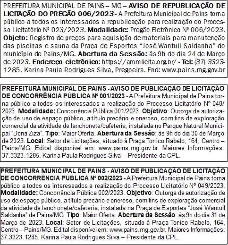 Editais Prefeitura Municipal de Pains/MG