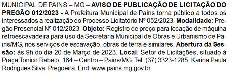 Edital Prefeitura Municipal de Pains/MG