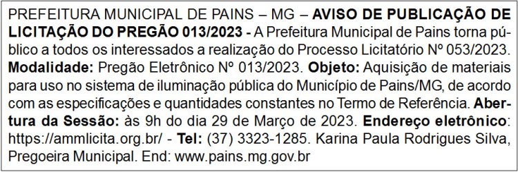 Edital Prefeitura Municipal de Pains/MG