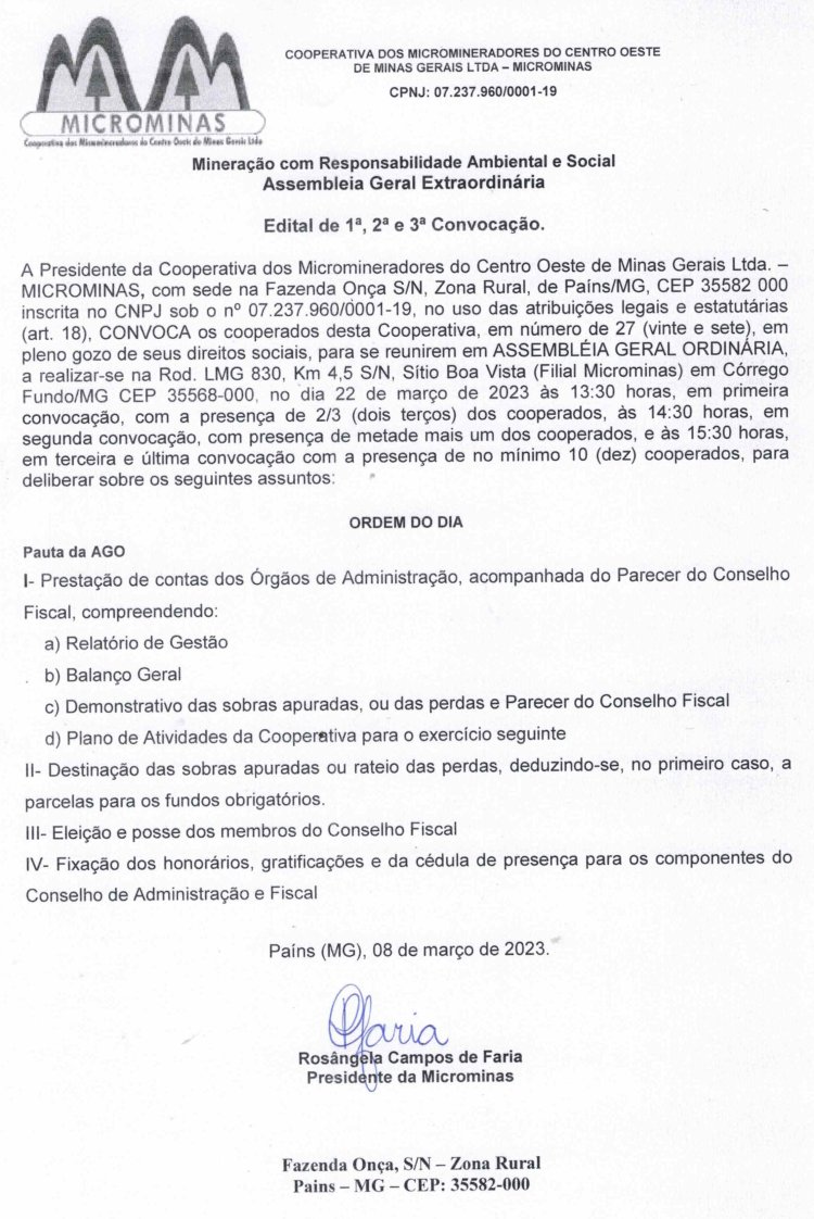 Edital Mineração com Responsabilidade Ambiental e Social. Assembleia Geral Extraordinária