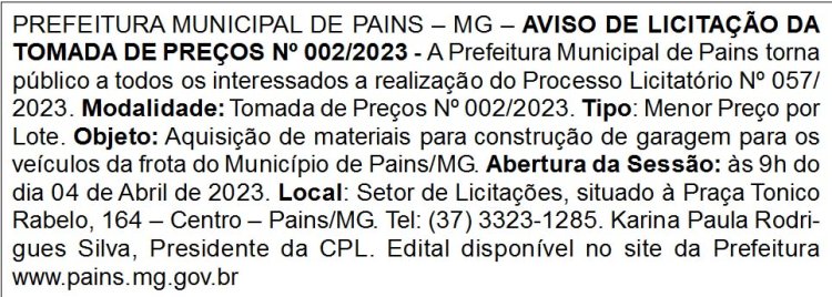 Edital Prefeitura Municipal de Pains/MG