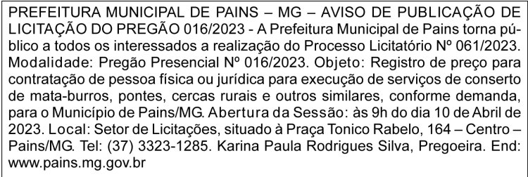 Edital Prefeitura Municipal de Pains/MG