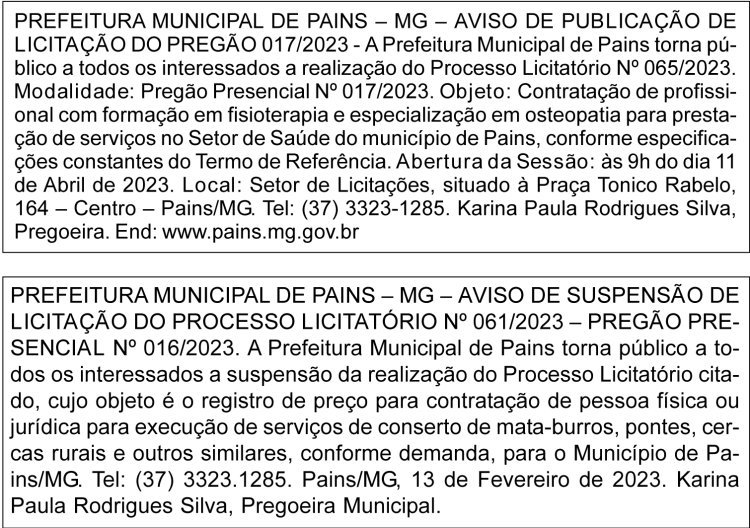 Edital Prefeitura Municipal de Pains/MG