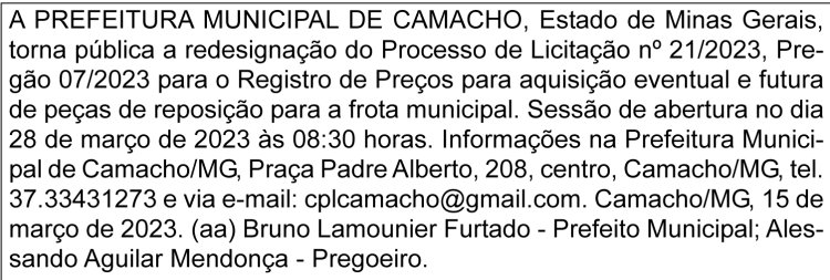 Edital Prefeitura Municipal de Camacho/MG