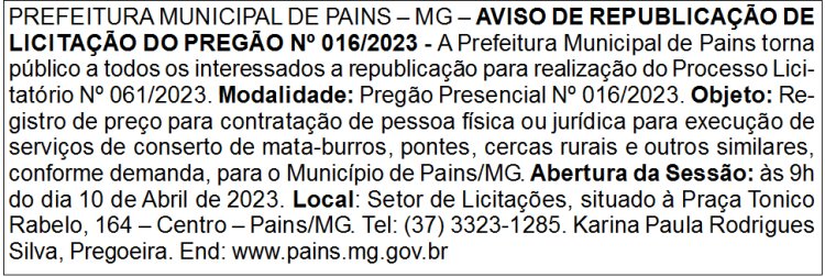 Edital Prefeitura Municipal de Pains/MG