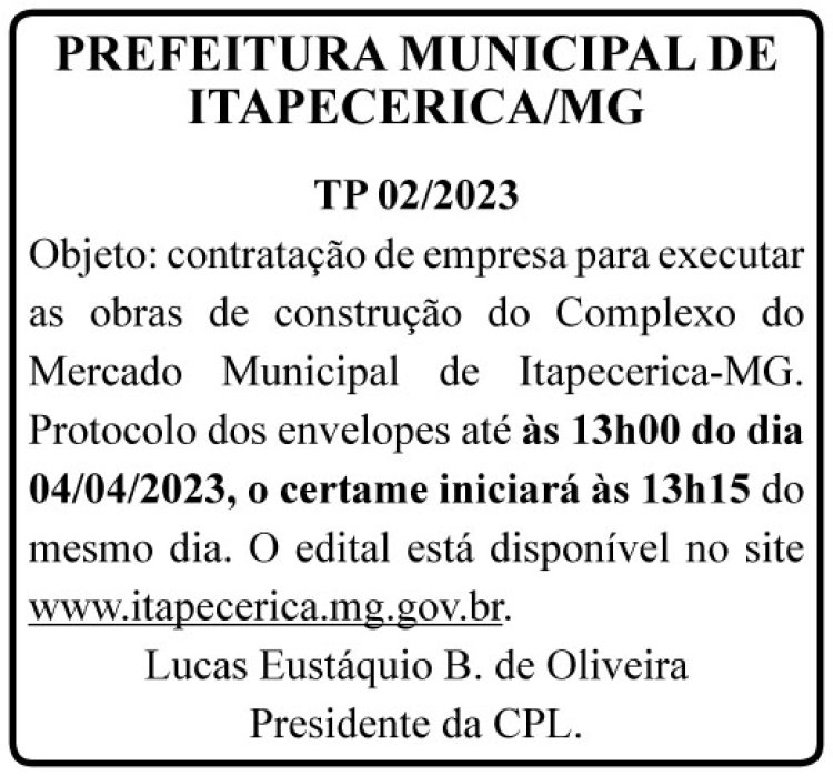 Edital Prefeitura Municipal de Itapecerica/MG