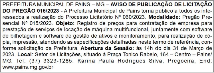 Edital Prefeitura Municipal de Pains/MG