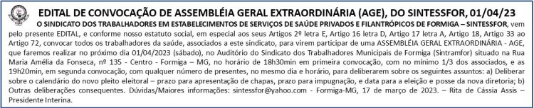 Edital de Convocação de Assembléia Geral Extraordinária (AGE), do Sintessfor