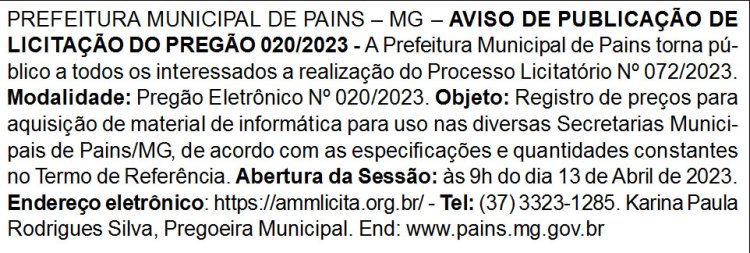 Edital Prefeitura Municipal de Pains/MG