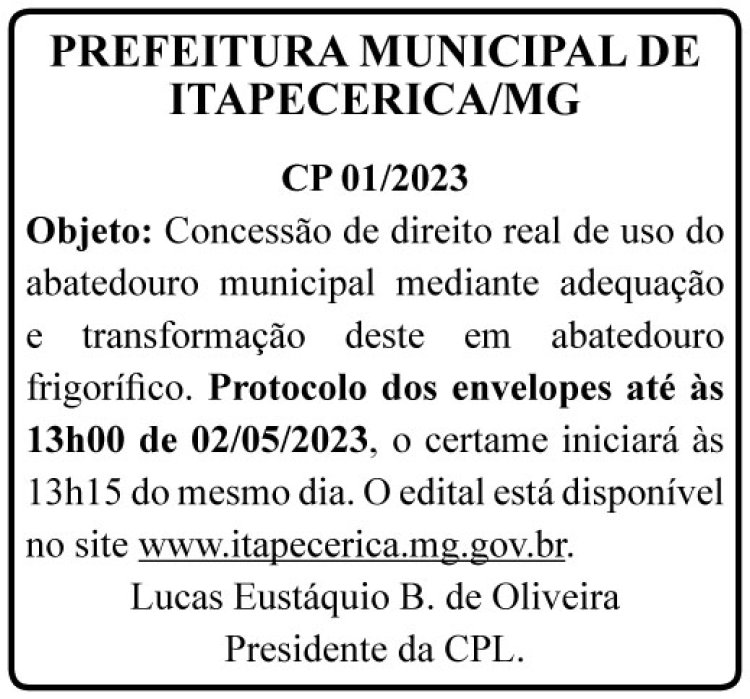 Edital Prefeitura Municipal de Itapecerica/MG