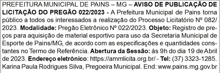 Edital Prefeitura Municipal de Pains/MG
