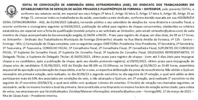 Edital de Convocação de Assembléia Geral Extraordinária (AGE), do Sindicato dos Trabalhadores