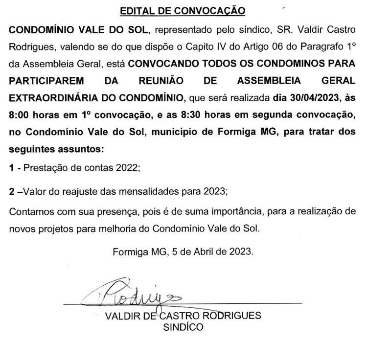Edital de Convocação Condomínio Vale do Sol