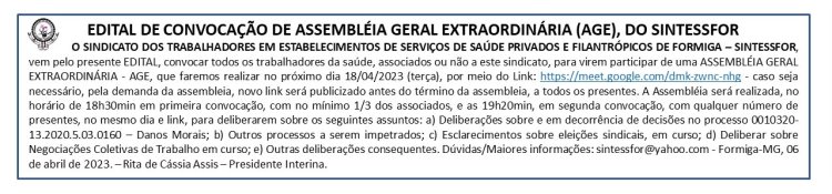 Edital de Convocação de Assembléia Geral Extraordinária (AGE), do Sindicato dos Trabalhadores