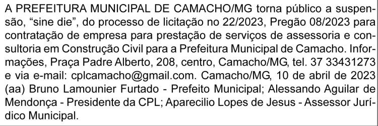 Edital Prefeitura Municipal de Camacho/MG