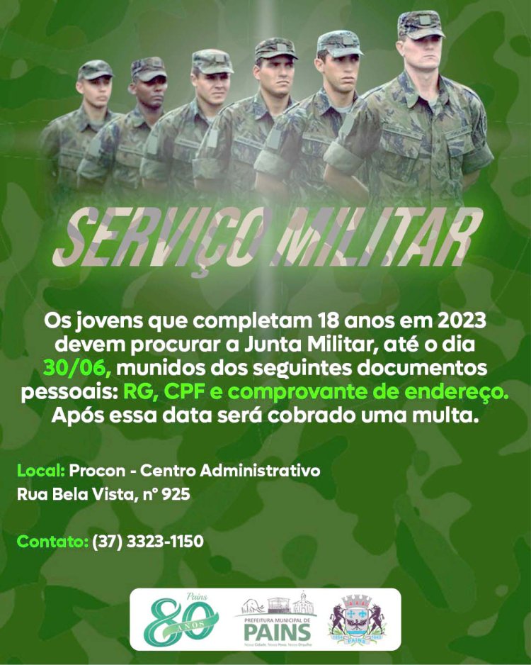 Pains: Inscrições para o Serviço Militar vão até o dia 30/06